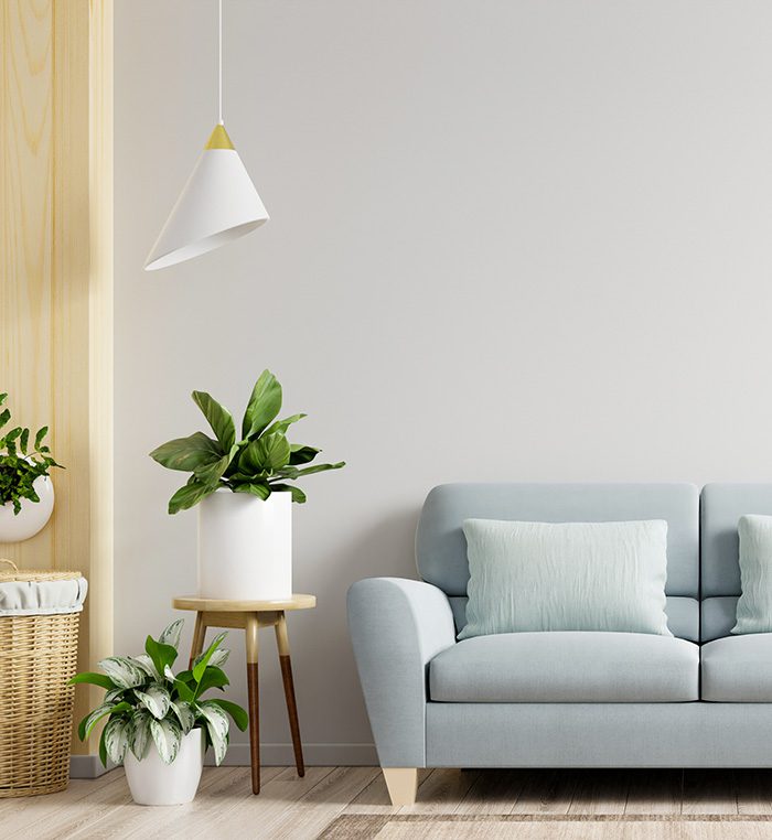 A calm, bright room with a soft blue sofa, plants and a pendant lamp